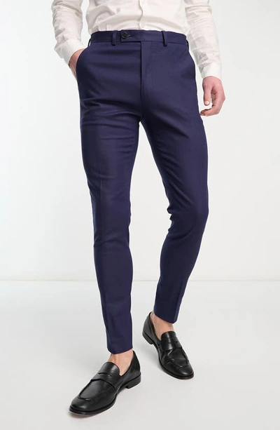 Asos Design Super Skinny Linen Mix Suit Pants In Navy
