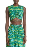 Altuzarra Ayana Cropped Embellished Ruched Tie-dyed Crepe De Chine Top In 256736 Butterscotch