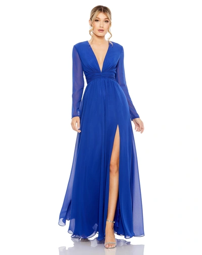 Ieena For Mac Duggal V-neck Front Twist Long Sleeve Gown In Sapphire