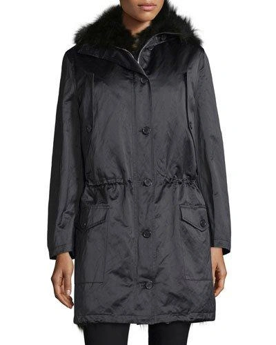 Michael Kors Button-front Anorak Jacket W/fur Hood, Black