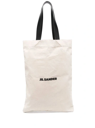 Jil Sander White Tote Bag With Logo Print In Canvas Woman In Beige