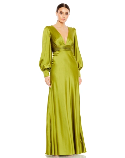 Mac Duggal Charmeuse Bishop Sleeve V Neck Gown In Apple Green
