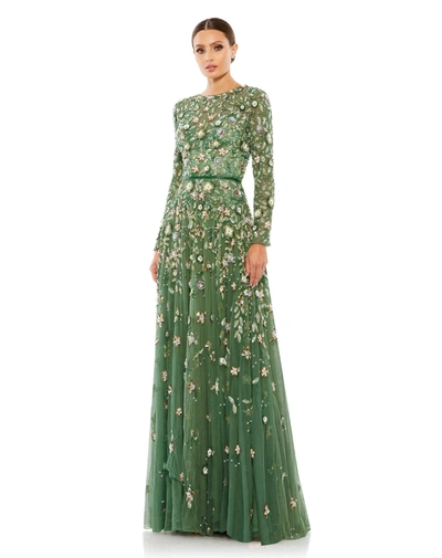 Mac Duggal Floral Appliqué Long Sleeve Illusion Gown In Sage