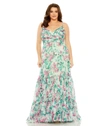 MAC DUGGAL FLORAL PRINTED TIERED RUCHED GOWN