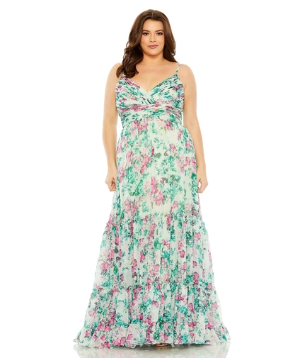 Mac Duggal Floral Printed Tiered Ruched Gown In Green Multi