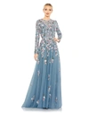 MAC DUGGAL SEQUINED FLORAL LONG SLEEVE HIGH NECK GOWN