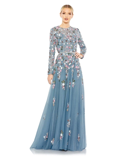 Mac Duggal Sequined Floral Long Sleeve High Neck Gown In Slate Blue Multi