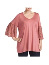 STATUS BY CHENAULT PLUS WOMENS LACE V-NECK TOP