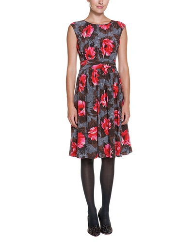 Boden Selina Grey & Red Floral Print Ruched Dress In Multi