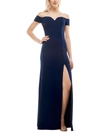 B Darlin Juniors Womens Off-the-shoulder Side Slit Evening Dress In Blue