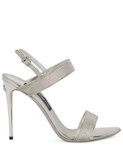 Dolce & Gabbana 105mm Keira Crystal & Leather Sandals In Silver