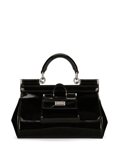 Dolce & Gabbana Sicily Shiny Leather Handbag In Black