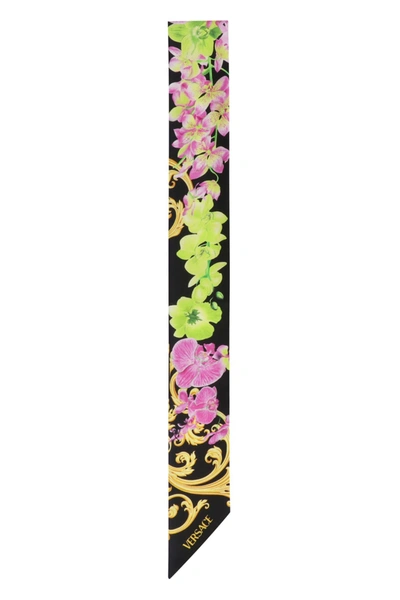 Versace Medusa Orchid Silk Twill Skinny Scarf In Multicolor