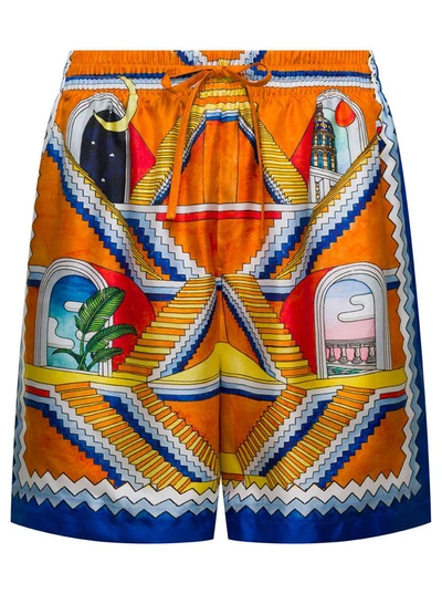 Casablanca Escalier Infini Multicolor Shorts With Graphic Print In Silk Man In Orange