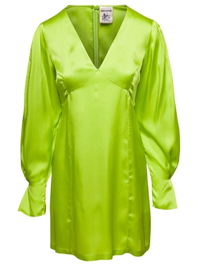 SEMICOUTURE LIME GREEN ZOIE MINIDRESS V NECK SATIN EFFECT IN SILK BLEND WOMAN