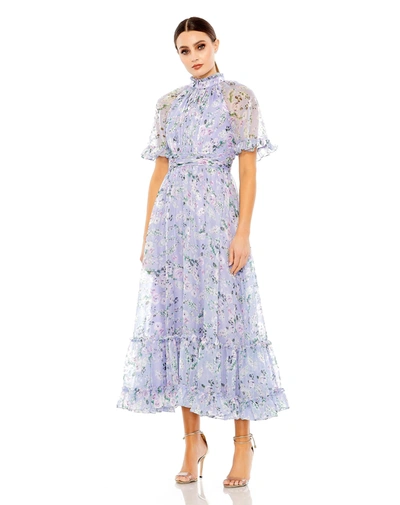 Mac Duggal Floral Print High Neck Raglan Sleeve Dress In Lilac Multi