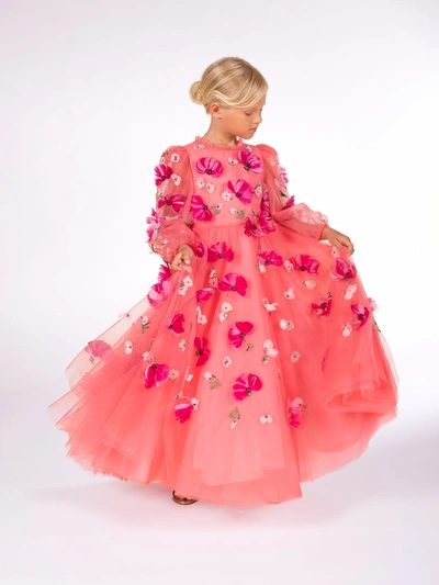 Marchesa Kids' Flower Embellished Coral Tulle Gown In Fuchsia
