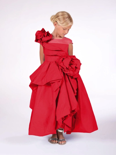 Marchesa Kids' Red Rose-embellished Sculptural Taffeta Gown