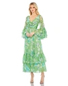 Mac Duggal Floral Print Chiffon Wrap Flounce Sleeve Dress In Green Multi