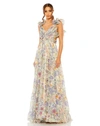 Mac Duggal Floral Print Ruffle Tiered Cut-out Chiffon Gown In Floral Multi