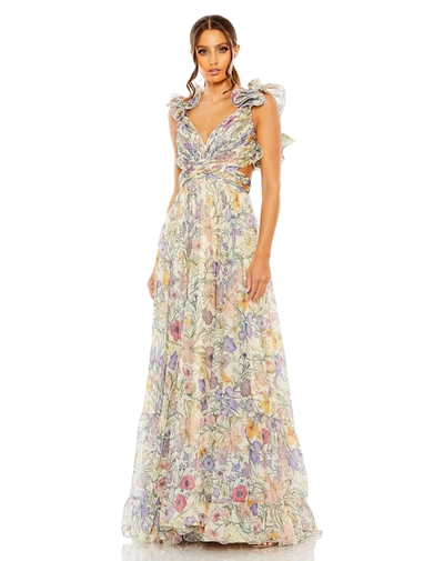 Mac Duggal Floral Print Ruffle Tiered Cut-out Chiffon Gown In Floral Multi