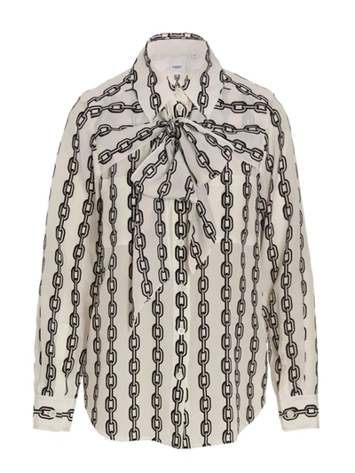 Burberry Tammy Chain-print Scarf-neck Silk Blouse In White/black