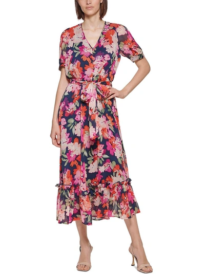 Calvin Klein Womens Floral Ruffled Midi Dress In Blue
