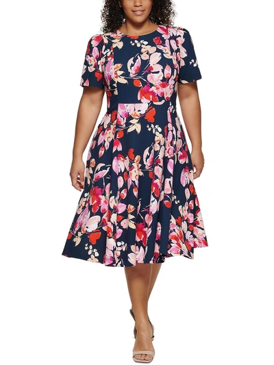Calvin Klein Plus Womens Floral Short Sleeves Fit & Flare Dress In Blue