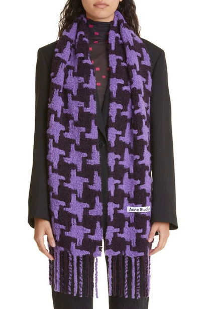 Acne Studios Houndstooth-print Fringe Scarf In Lilac,burgundy