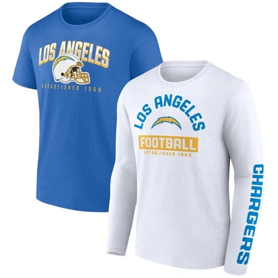 Fanatics Branded Powder Blue/white Los Angeles Chargers Long And Short Sleeve Two-pack T-shirt In Powder Blue,white