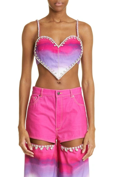 Area Crystal-trim Ombre Denim Heart Crop Top In Pink Multi