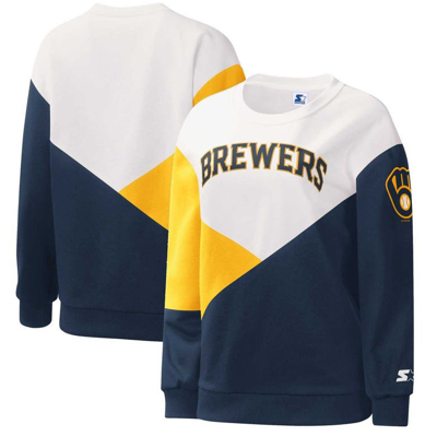 Starter Women's  White, Navy Milwaukee Brewers Shutout Pullover Sweatshirt In White,navy