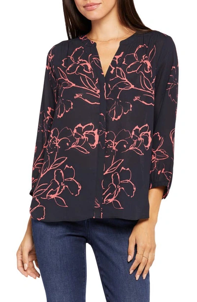 Nydj Three Quarter Sleeve Printed Pintucked Back Blouse In Blossombrook