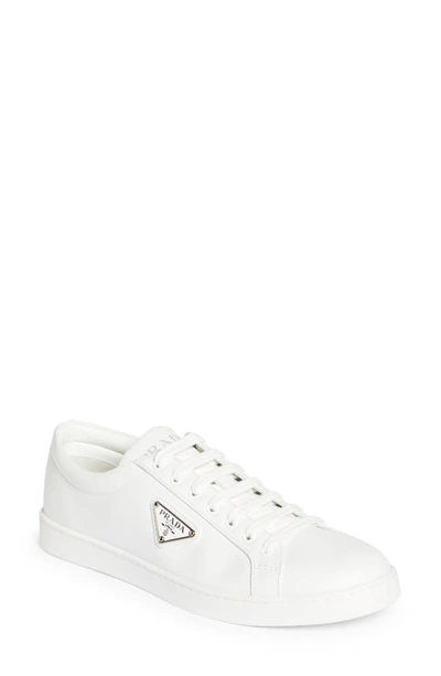 Prada Lane Triangle Logo Low Top Leather Trainer In Bianco