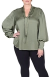 Mayes Nyc Plus Size Mia Bishop-sleeve V-neck Blouse In Olive