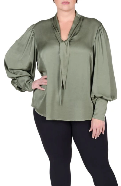 Mayes Nyc Plus Size Mia Bishop-sleeve V-neck Blouse In Olive Solid