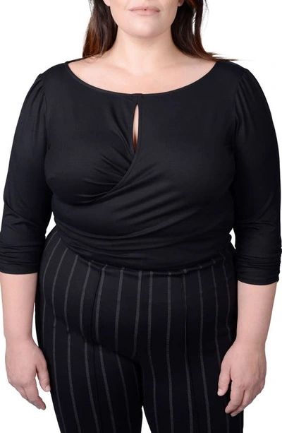 Mayes Nyc Plus Size Tamara Knit Keyhole Wrap Top In Black