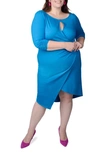 Mayes Nyc Lina Keyhole Ruched Faux Wrap Dress In Blue