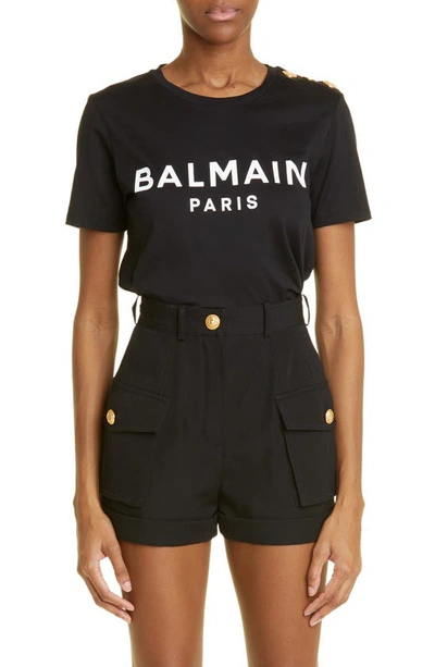 Balmain Button-embossed Logo Cotton T-shirt In Black/ White