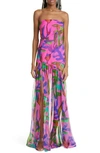 Retroféte Nicole Print Strapless Silk Dress In Tropical Leaf