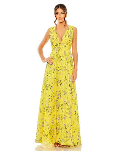 Mac Duggal Floral Print V-neck Ruched Gown In Yellow Multi