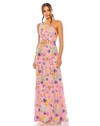 Mac Duggal One Shoulder Floral Sequin Lace Up Gown In Pink Multi