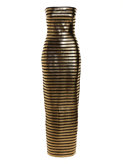 Balmain Metallic Striped Strapless Bustier Gown In Multicolor