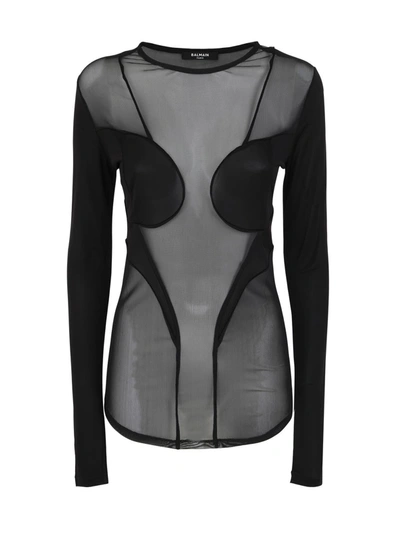 Balmain Mesh Long Sleeve Top In Nero