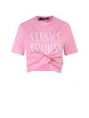Versace Safety Pin Crop Cotton Logo Graphic Tee In Pink
