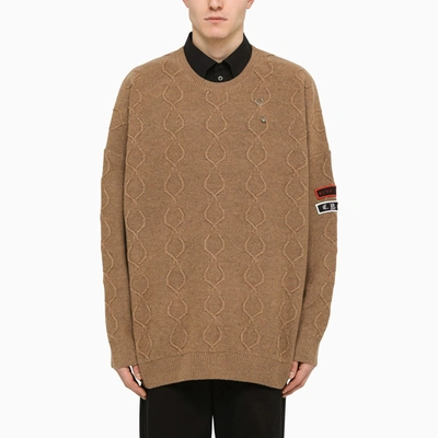 Fred Perry Raf Simons Beige Intarsia Jumper With Patches In Brown