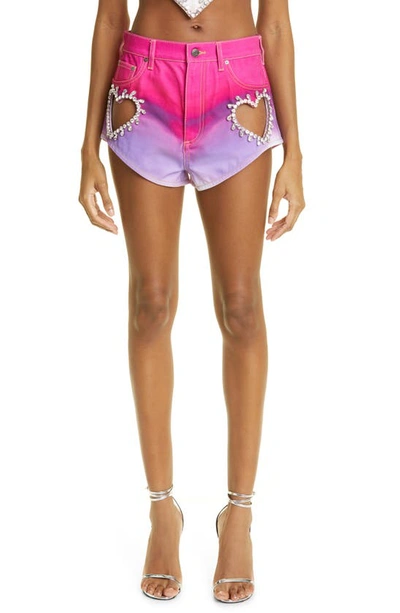 Area Crystal Heart Cutout Ombre Denim Hot Shorts In Pink