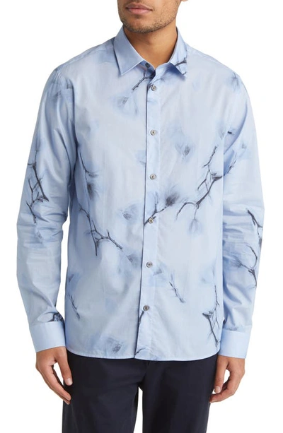 Ted Baker Mens Sky-blue Louth Floral-print Long-sleeved Cotton Shirt