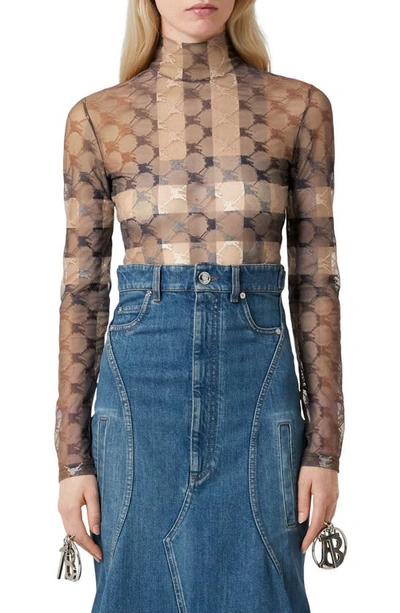 Burberry Sheer Equestrian Knight Long Sleeve Bodysuit In Dark Birch Brown