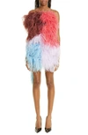 Attico Keri Colorblock Feather Strapless Minidress In Blue/ Pink Multicolor